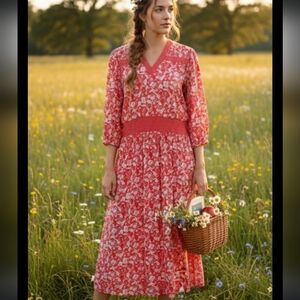 Vintage 80's Diane Freis Boho Red & White Balloon 3/4 Sleeve Maxi Dress